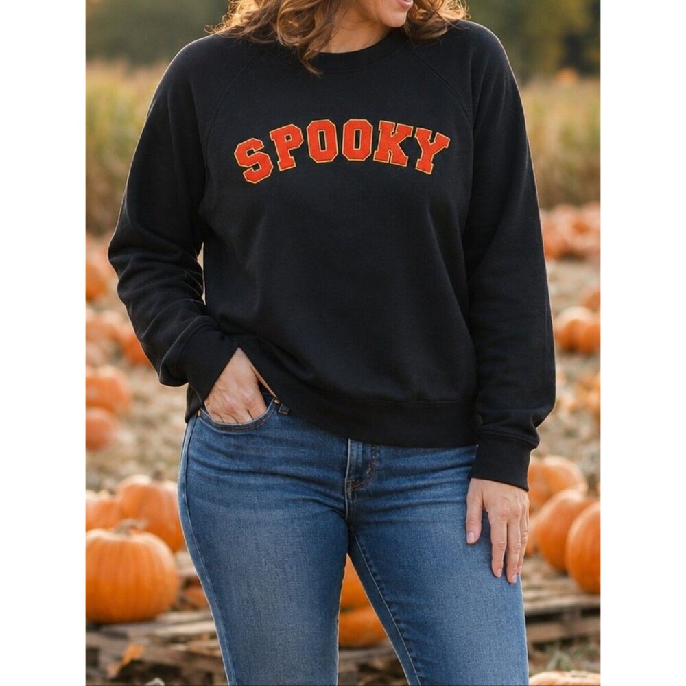 Black "Spooky" Orange Embroidered Sweatshirt M Wide Crew Neck L/S Halloween